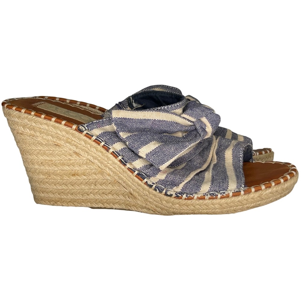 Sugar Hundreds Womens 9.5 Blue White Striped Canvas Bow Espadrille Wedge Sandals